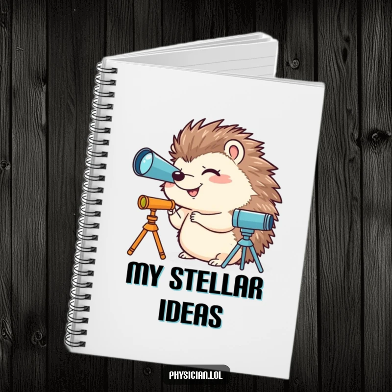 Funny notebook cover featuring a giggling hedgehog looking through a miniature telescope, perfect for journaling cosmic observations and dreams.