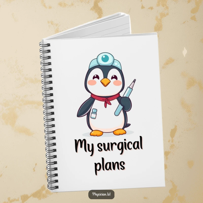 Funny proud penguin notebook: a journal with a penguin doctor holding a medical instrument, inspiring thoughtful planning.
