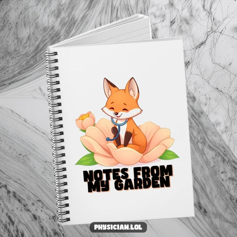 Funny fox with a stethoscope listening to a giant flower, on a notebook cover, ideal for nature journaling.