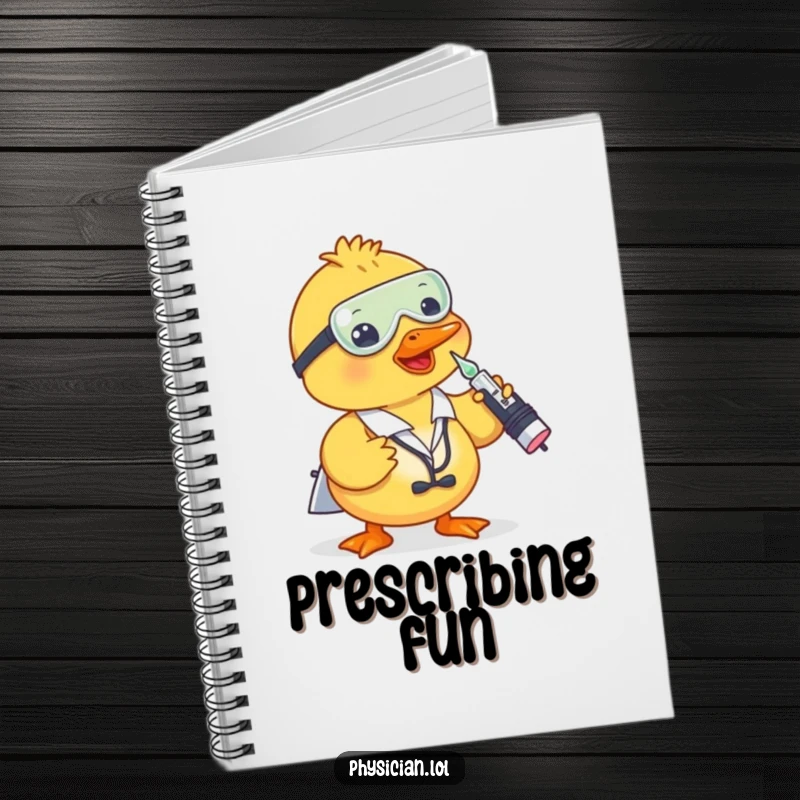 Funny duck doctor notebook with a duck giving a shot from a dropper, ideal for jotting down humorous notes.