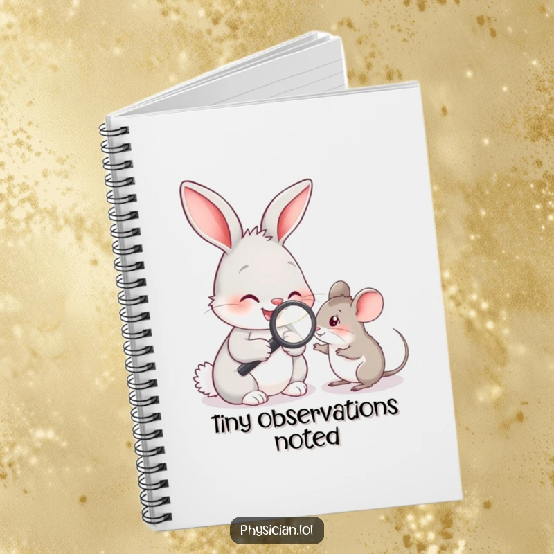 Funny rabbit doctor examining a mouse with a magnifying glass, a cute and humorous notebook for medical professionals.