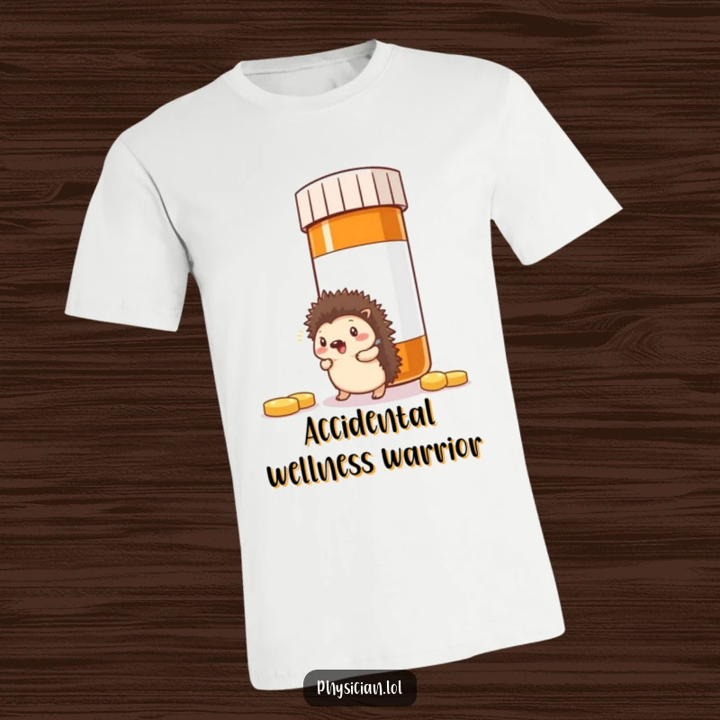 Funny Hedgehog Pill T-Shirt: Adorable hedgehog bumping into a huge pill bottle, capturing a moment of funny struggle and resilience.