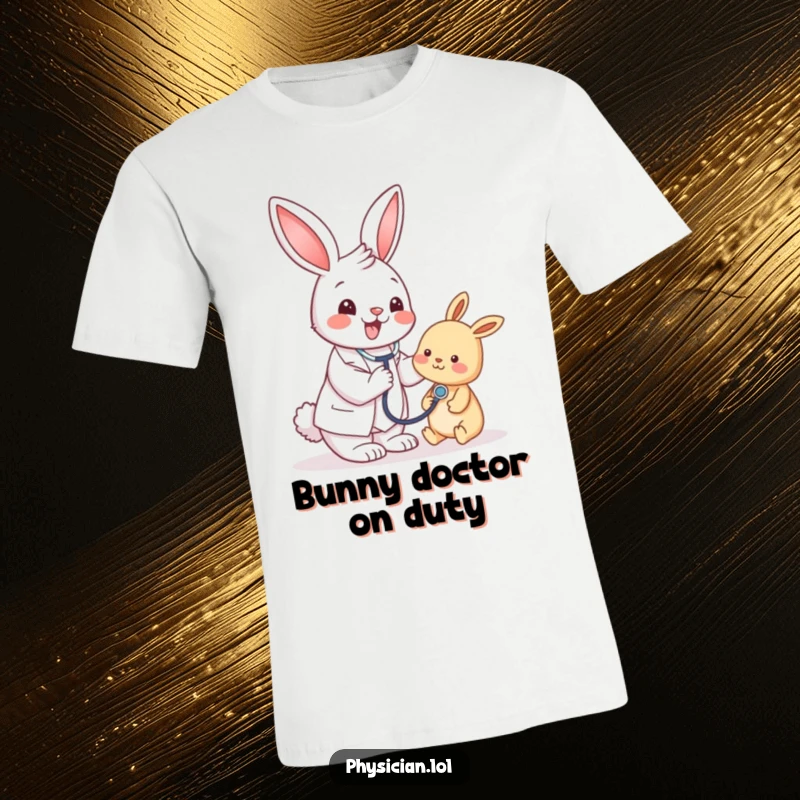 Funny bunny doctor with stethoscope, examining a patient, radiating joy, a hilarious tee for animal enthusiasts seeking a good laugh.