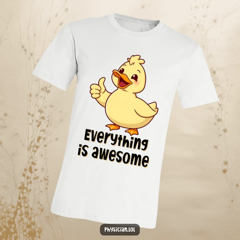 Funny t-shirt depicting a delighted duck with a wide smile giving a confident thumbs up, embodying humorous optimism.