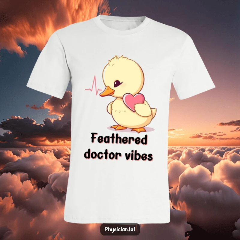 Funny wobbly duckling doctor with a stethoscope, focusing on a heartbeat, a cute and humorous t-shirt for animal enthusiasts.