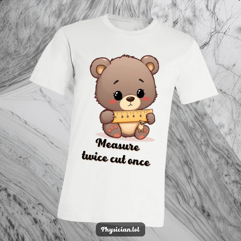 Funny bear cub acting as a doctor, comically measuring a tiny patient with an oversized ruler on a t-shirt.