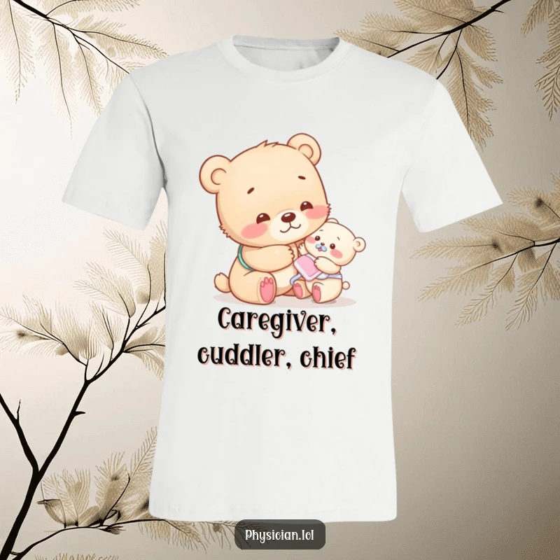 Funny bear cub t-shirt showing a compassionate cub offering a comforting pat to a tiny patient, spreading kindness.