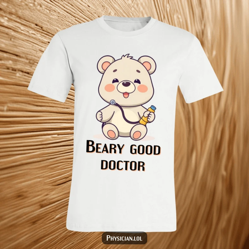 Funny Bear Doctor T-Shirt showing a happy bear with a stethoscope, listening to a toy, embodying gentle care and humor.