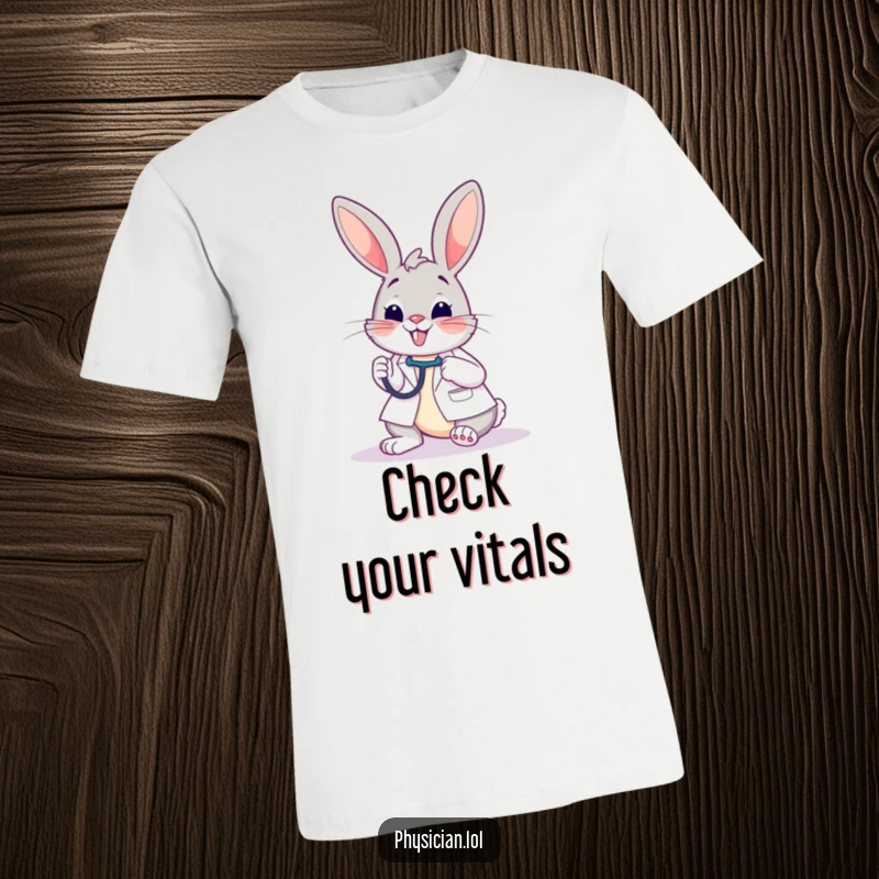Funny t-shirt featuring a cheerful bunny doctor examining a patient with a stethoscope, embodying kindness and humor.