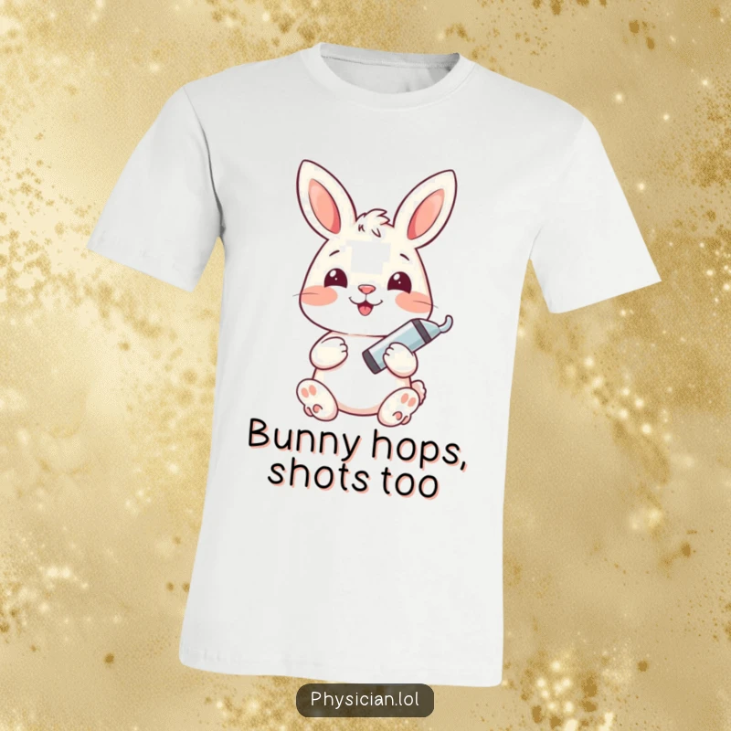 Funny bunny t-shirt with a happy bunny holding a syringe, celebrating healthcare workers with gentle humor.