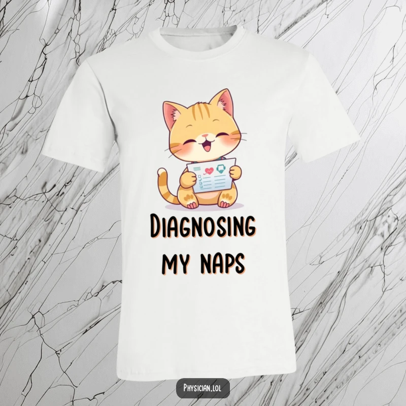 Funny t-shirt with a beaming cat doctor intently reading a medical chart, conveying competence and feline charm.