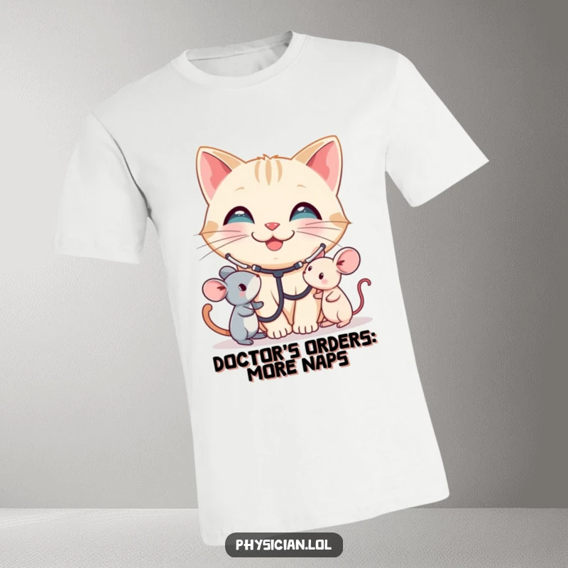 Funny Cat T-Shirt: A smiling cat with a stethoscope listens to a toy mouse. This humorous graphic tee is great for animal lovers, a funny gift.