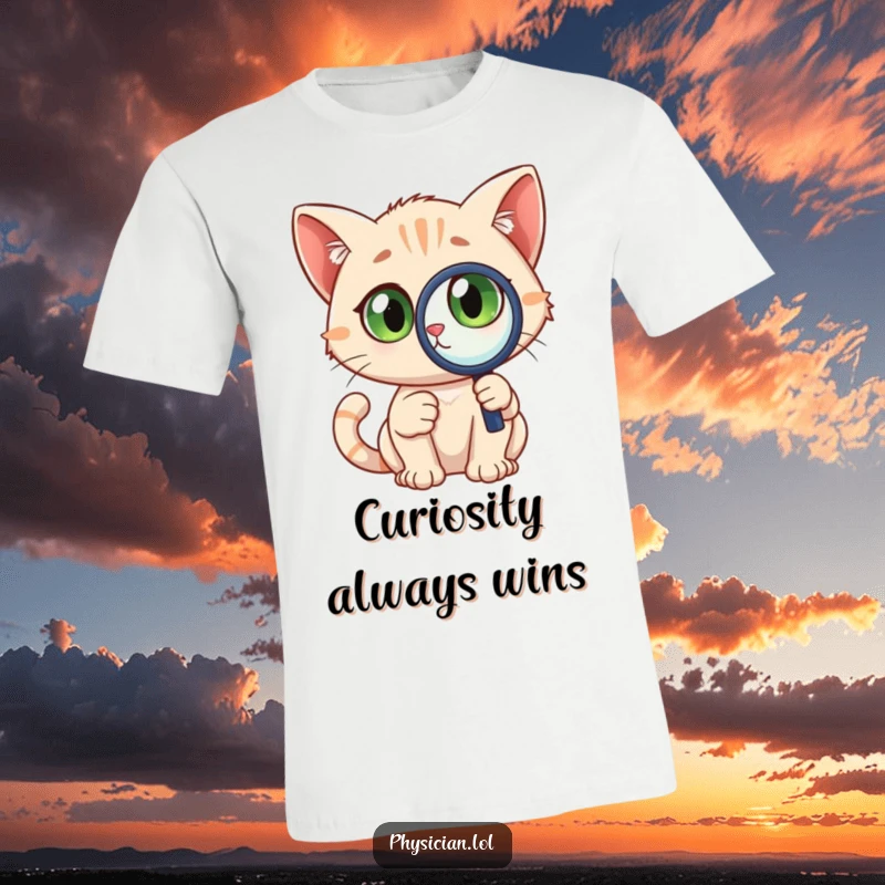 Funny Detective Cat T-Shirt with a curious cat holding a magnifying glass, wide-eyed, embodying investigation and feline humor.