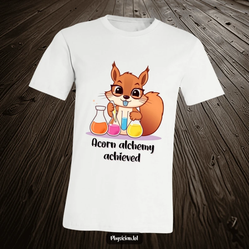 Funny determined squirrel scientist t-shirt, a squirrel in a lab coat mixing potions, nerdy science apparel.