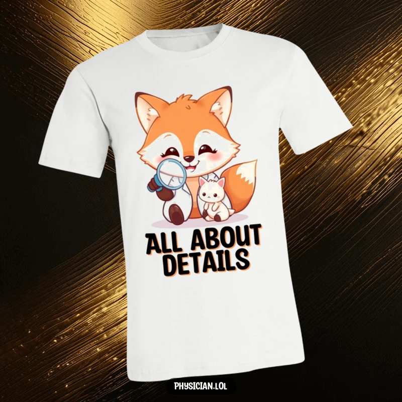 Funny T-Shirt: A grinning fox in doctor attire meticulously examining a tiny patient under a magnifying glass, a humorous scene.