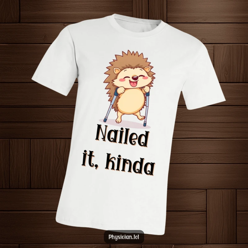 Funny hedgehog t-shirt featuring a giggling hedgehog mid-cartwheel on crutches, capturing a moment of hilarious struggle and resilience.