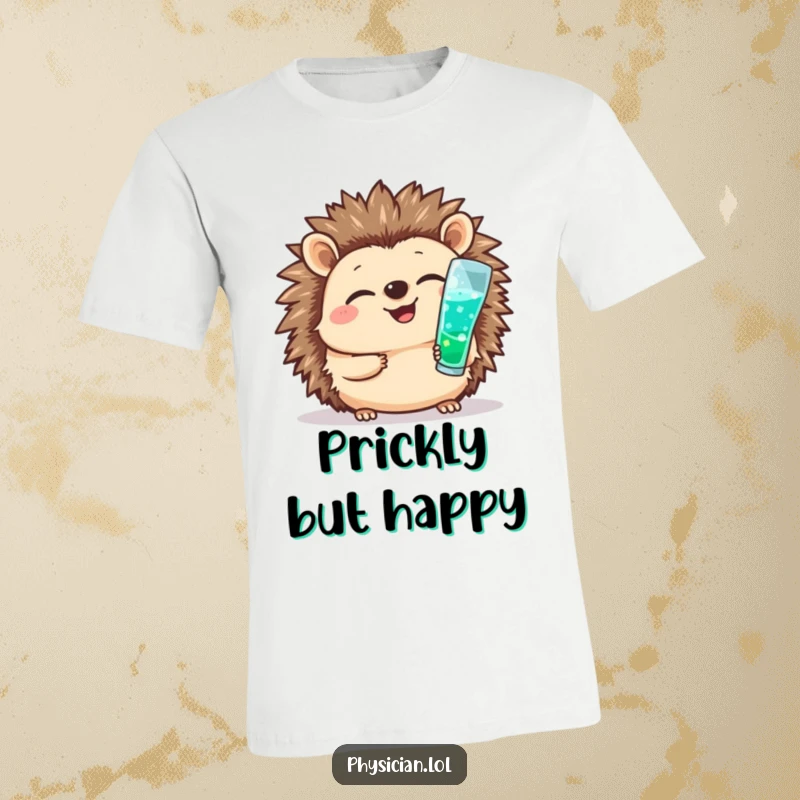 Funny t-shirt with a giggling hedgehog nurse cheerfully giving a small shot, embodying courage and cute medical assistance.