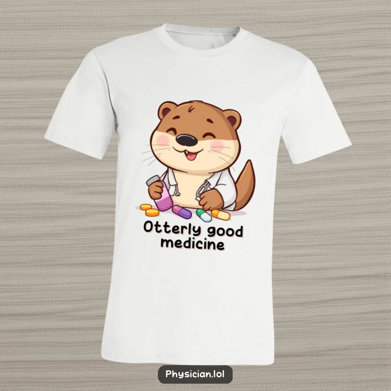 Funny otter doctor holding colorful pills, smiling widely, a whimsical t-shirt for those who enjoy quirky humor and animals.