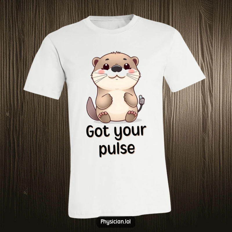 Funny cheerful otter t-shirt, checking a pulse, giving a friendly nod, nautical and medical humor.