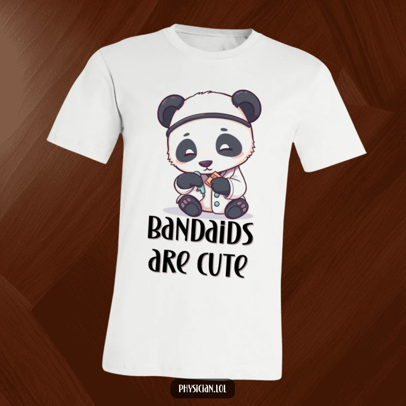 Funny t-shirt featuring a panda doctor gently placing a tiny bandage with care, embodying tender and humorous medical assistance.