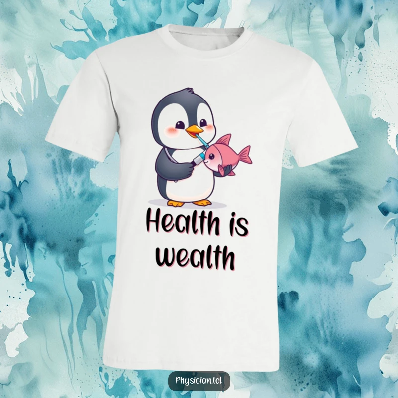 Funny penguin doctor t-shirt featuring a confident penguin using a thermometer on a skeptical fish.