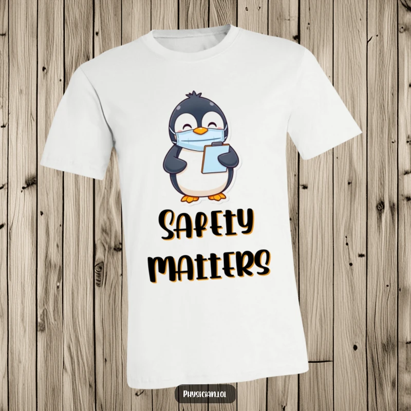 Funny Penguin Mask T-Shirt featuring a happy penguin in a mask holding a clipboard, celebrating safety and efficiency with humor.