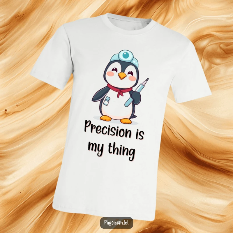 Funny proud penguin t-shirt: a penguin dressed as a doctor holding a medical tool, representing healthcare professionals.