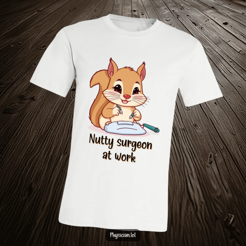 Funny squirrel surgeon hard at work, performing a precise operation, a humorous t-shirt for fans of detailed comedy.