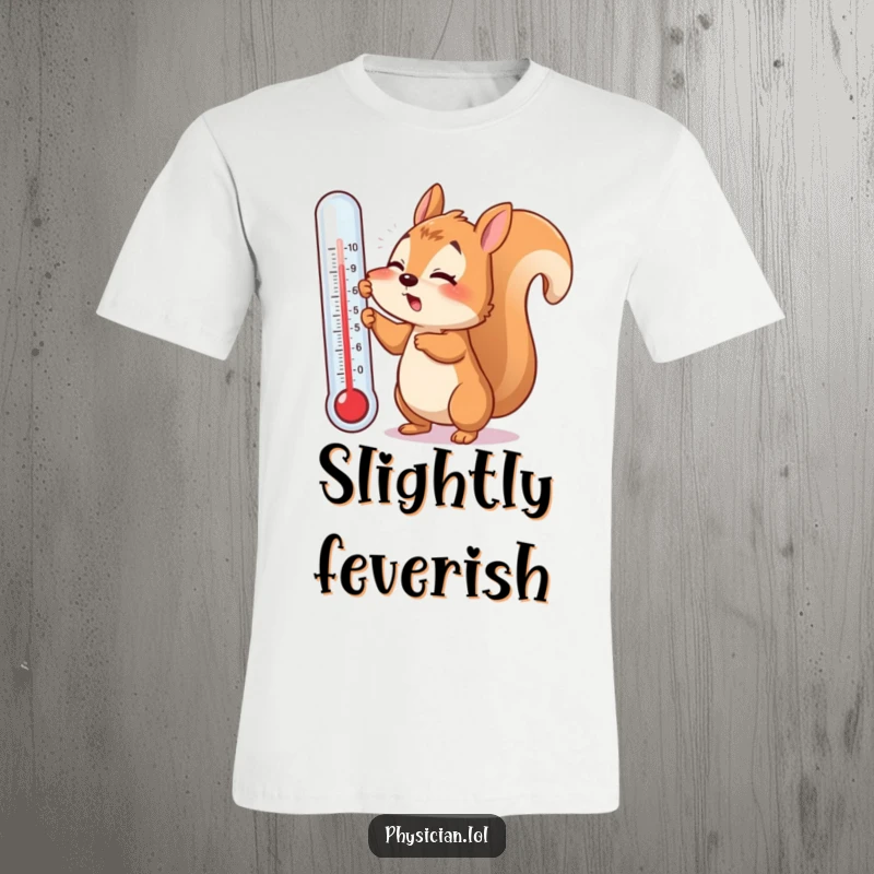 Funny t-shirt with a flustered squirrel attempting to take its temperature with a giant thermometer, depicting comical illness and struggle.