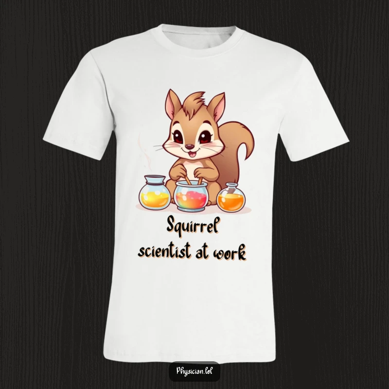 Funny brave squirrel intently mixing a bright, bubbly potion with a determined expression, wearing a tiny apron.