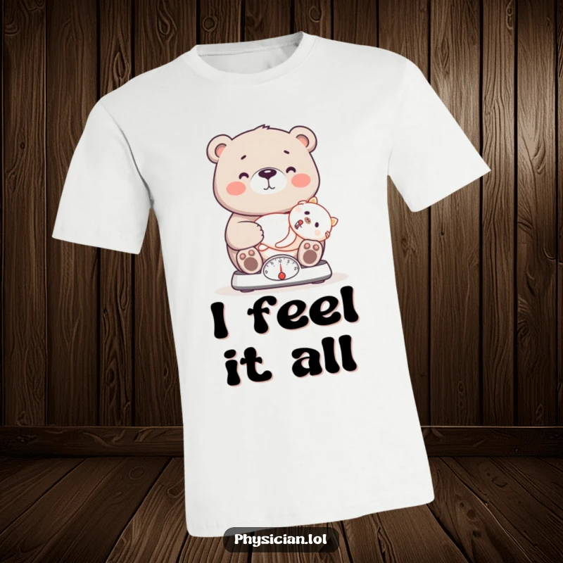 Funny bear doctor t-shirt depicting a proud bear weighing a patient on a scale, symbolizing health and compassionate care.