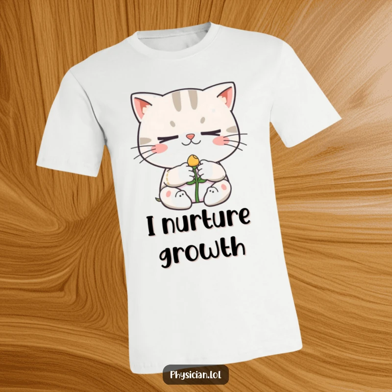 Funny cat t-shirt design of a determined cat character bandaging a small smiling sprout, celebrating quirky gardening and feline love.