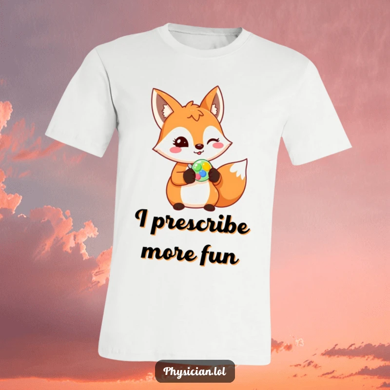 Funny fox t-shirt, cheerful fox prescribing a colorful pill with a wink, quirky medical humor, playful animal graphic.