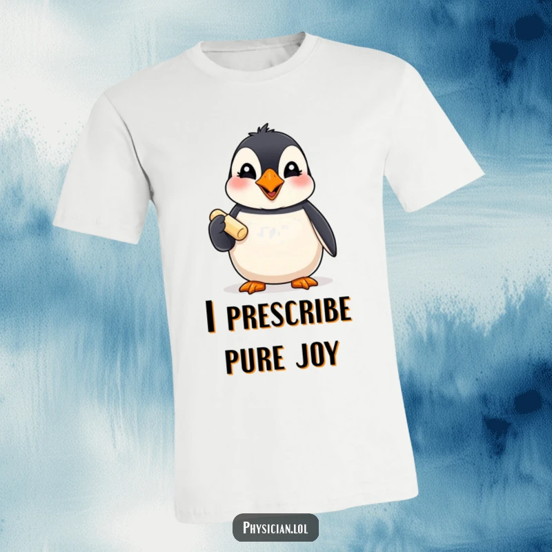Funny Puffin T-Shirt: A giggling puffin presents a small pill with a wide, cheerful grin, perfect for bird enthusiasts and joke lovers.