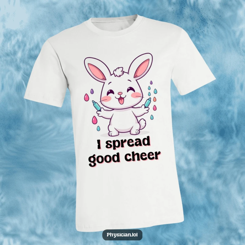 Funny bunny t-shirt design of a cheerful character happily giving colorful medicinal drops, celebrating health and humor.