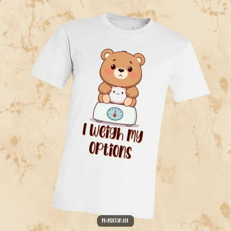 Funny bear vet t-shirt, showing a proud bear weighing a patient on a scale, celebrating veterinary care humorously.