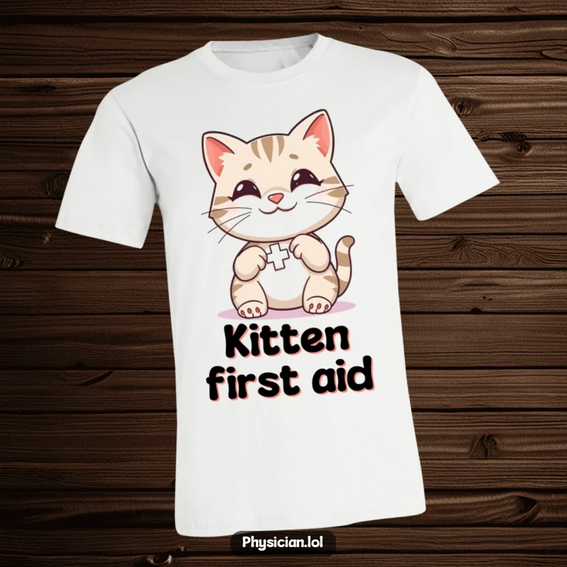 Funny Cat First Aid T-Shirt featuring a smiling cat applying a vibrant bandage, celebrating compassionate care with a funny twist.