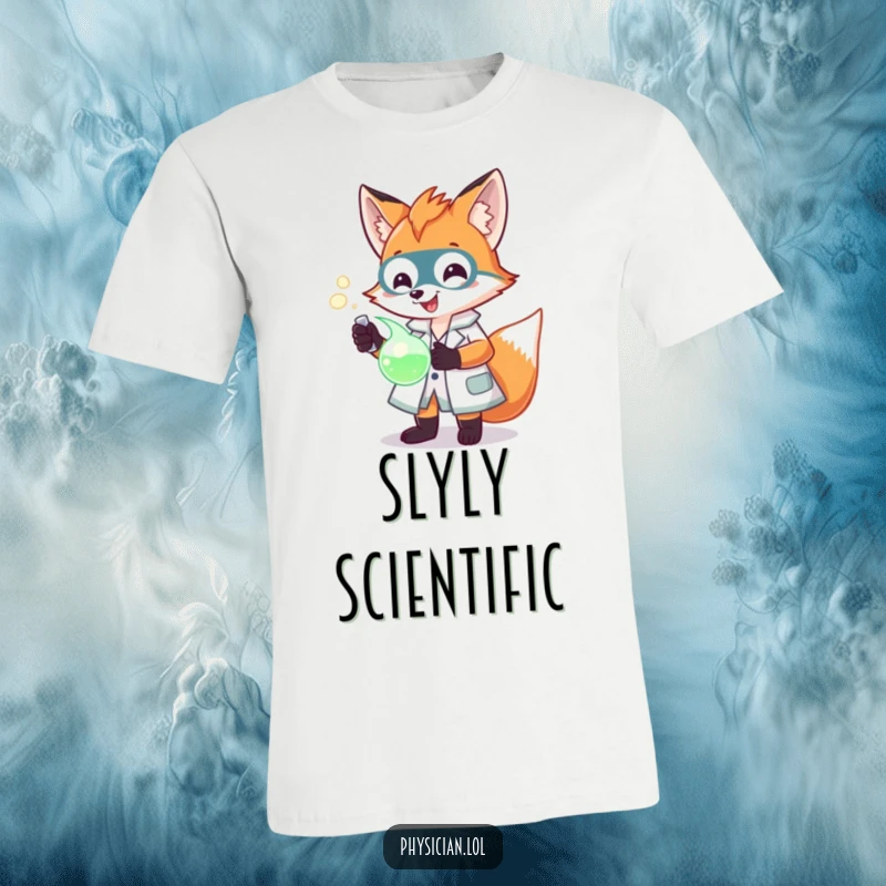 Funny Fox Scientist T-Shirt depicting a cheerful fox in a lab coat observing a glowing potion, showcasing scientific curiosity humorously.