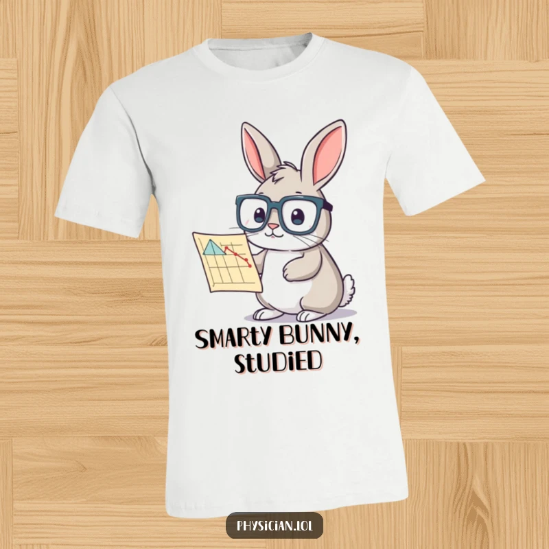 Funny t-shirt of a curious rabbit wearing oversized glasses, studying a chart intensely, perfect for academic humor lovers.