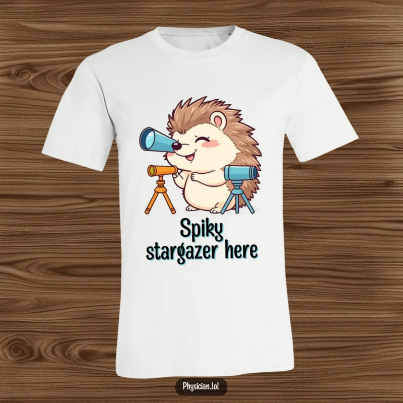 Funny t-shirt featuring a giggling hedgehog focused intently on a miniature telescope, capturing a moment of humorous cosmic discovery.