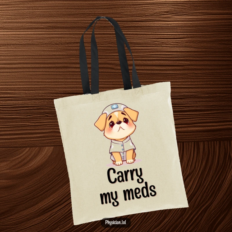 Funny scared dog tote bag, a confused puppy in a tiny hospital gown, durable and humorous accessory for daily use.