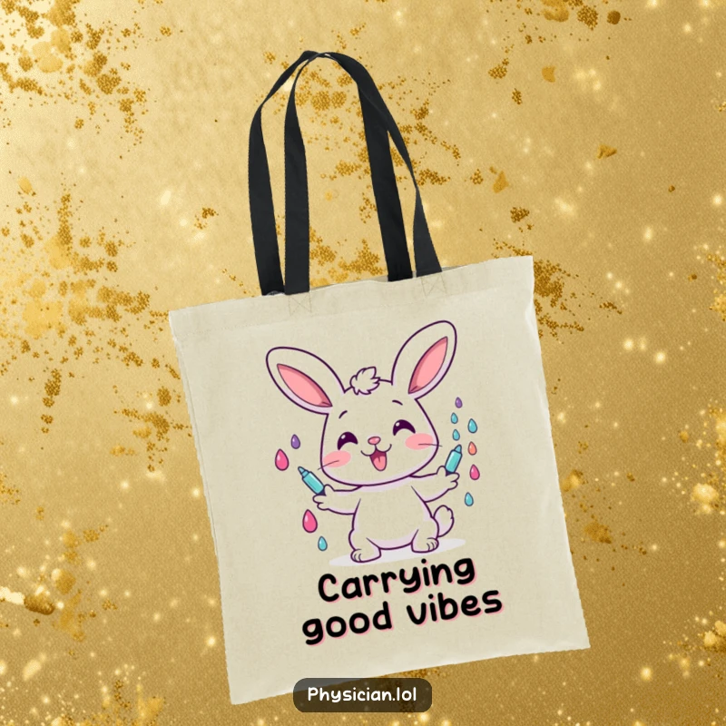 Funny tote bag showcasing a cheerful bunny character happily administering colorful drops, perfect for carrying essentials with a dose of amusement.