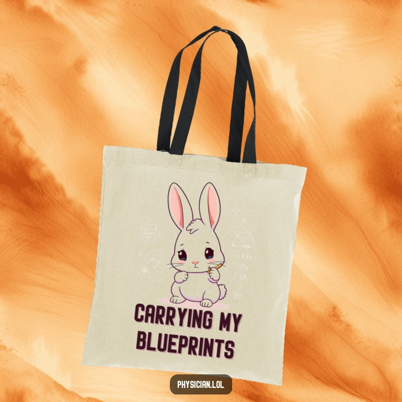 Funny Rabbit Architect Tote Bag showing a determined rabbit drawing a complex diagram, perfect for carrying work and supplies.