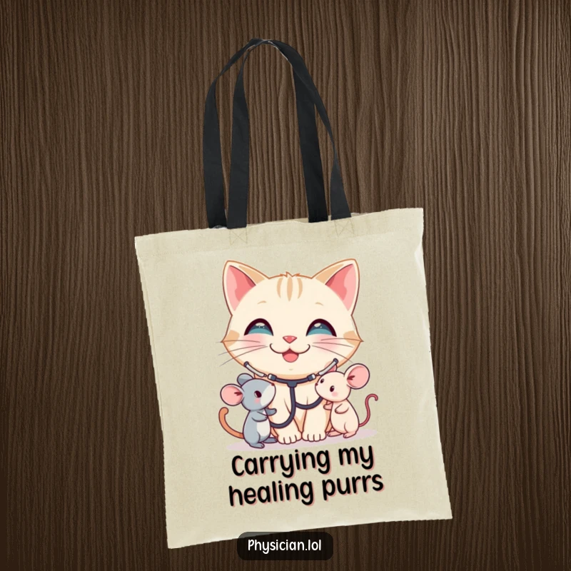 Funny Cat Tote Bag: A smiling cat with a stethoscope listens to a toy mouse. This humorous tote is practical and cute, a funny gift.