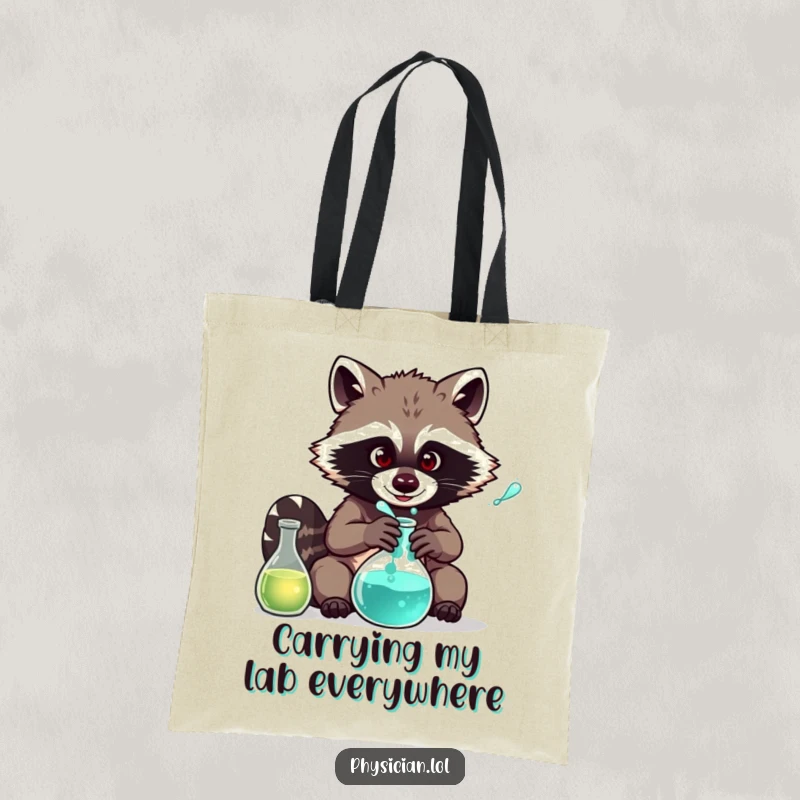 Funny Raccoon Chemist Tote Bag: Humorous depiction of a raccoon brewing science potions, a practical and funny accessory.