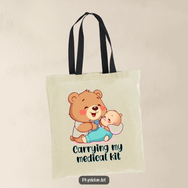 Funny tote bag with a happy bear gently examining a patient with a stethoscope, perfect for carrying essentials with medical flair.