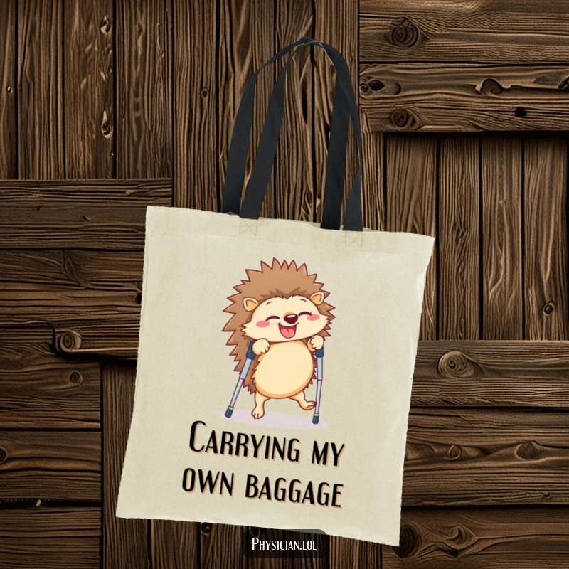 Funny hedgehog tote bag with a giggling creature doing a cartwheel on crutches, designed for carrying essentials with a side of humor.
