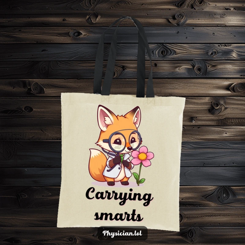 Funny tote bag featuring a fox doctor thoughtfully examining a flower with a magnifying glass, perfect for carrying essentials with humorous curiosity.