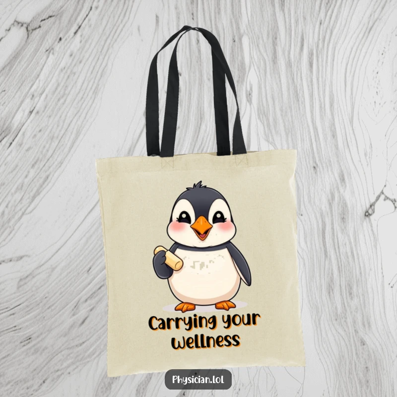 Funny Puffin Tote Bag: A giggling puffin playfully offers a pill, showcasing a humorous and practical accessory for daily errands.