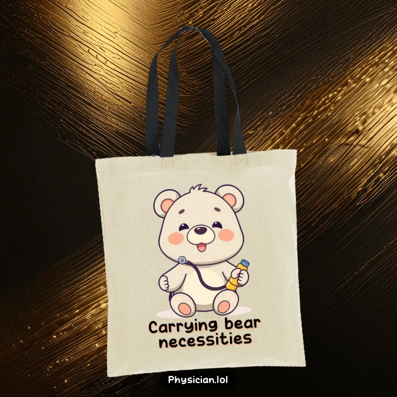 Funny Bear Doctor Tote Bag featuring a happy bear with a stethoscope, listening to a toy, ideal for errands and smiles.